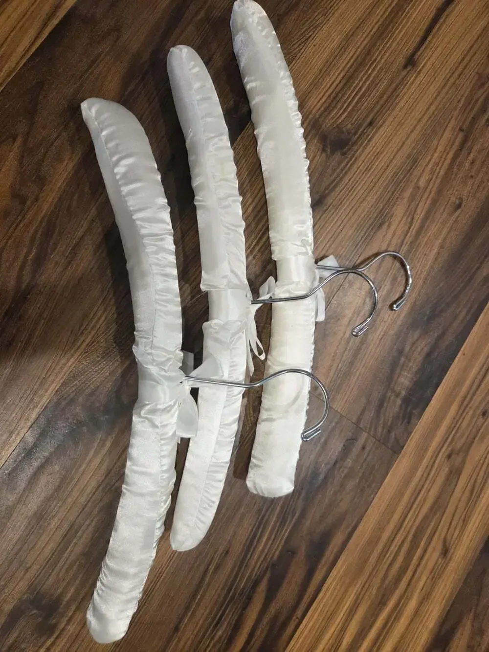 Set of 3 Vtg White Ivory Satin Padded Clothes Hangers Bow Bridal